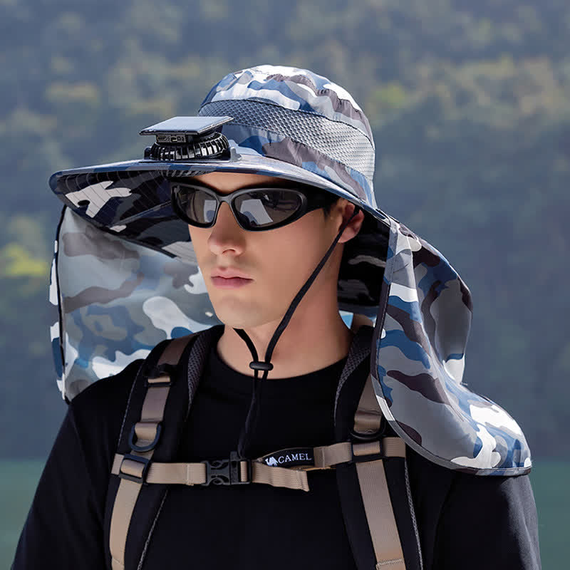 Camouflage Bucket Hat with Neck Flap and Rechargeable Fan(2 Packs) - Blue - One Size - image 3