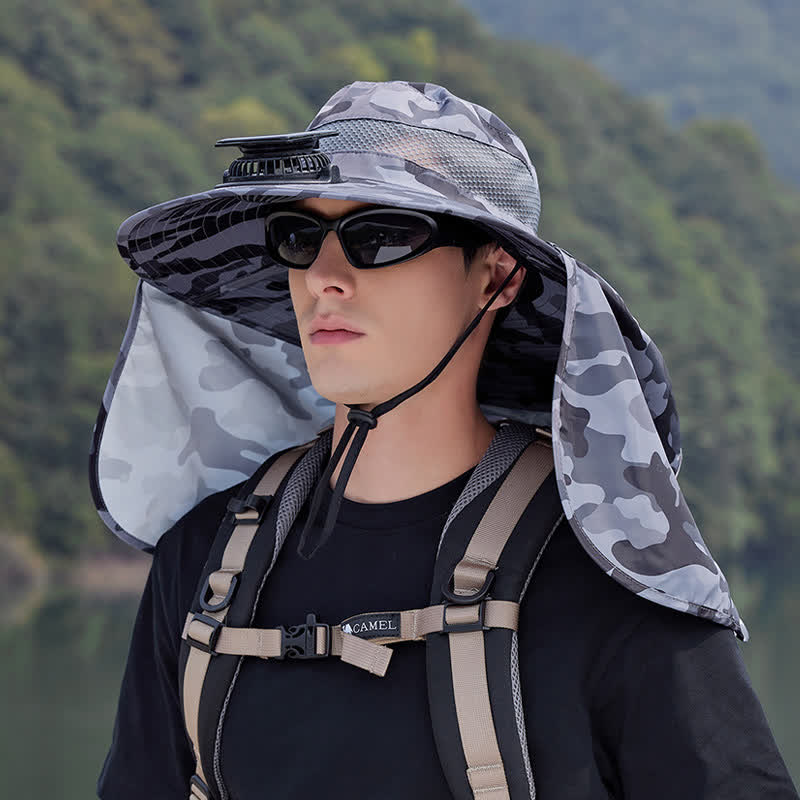 Camouflage Bucket Hat with Neck Flap and Rechargeable Fan(2 Packs) - Grey - One Size - image 1