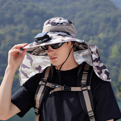 Camouflage Bucket Hat with Neck Flap and Rechargeable Fan - Beige - One Size - image 0