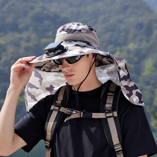 Camouflage Bucket Hat with Neck Flap and Rechargeable Fan - Beige - One Size - image 0