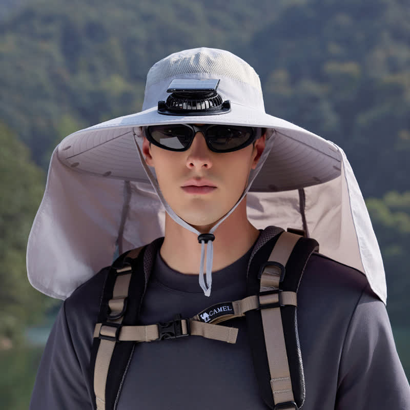 Outdoor Rechargeable Fan Bucket Hat with Neck Flap - Light Gray - One Size - image 9
