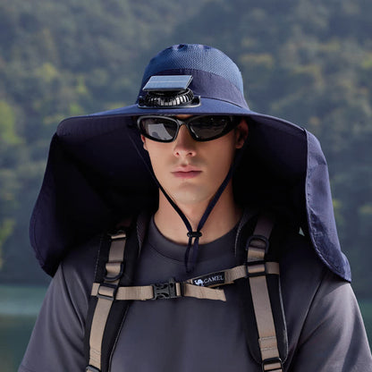 Outdoor Rechargeable Fan Bucket Hat with Neck Flap - Navy Blue - One Size - image 2