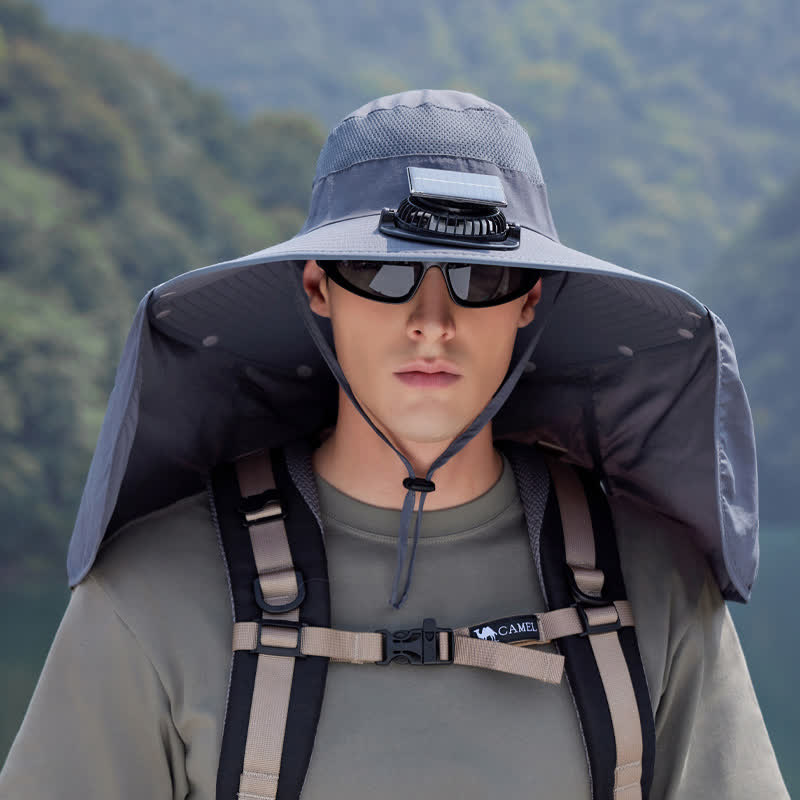 Outdoor Rechargeable Fan Bucket Hat with Neck Flap - Dark Grey - One Size - image 1
