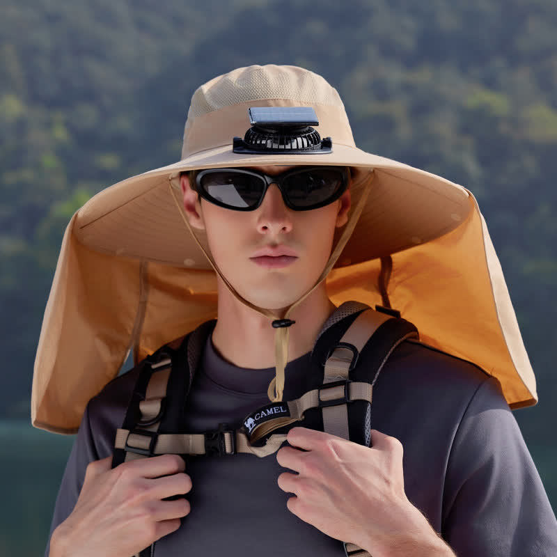 Outdoor Rechargeable Fan Bucket Hat with Neck Flap - Khaki - One Size - image 0
