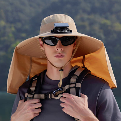 Outdoor Rechargeable Fan Bucket Hat with Neck Flap - Khaki - One Size - image 0