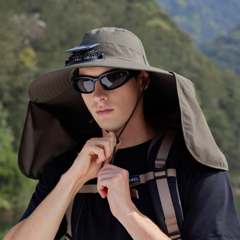Outdoor Rechargeable Fan Bucket Hat with Neck Flap - Army Green - One Size - image 7