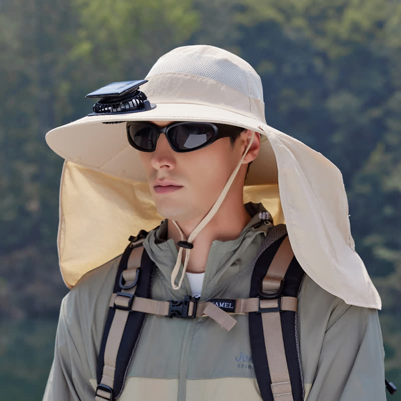 Outdoor Rechargeable Fan Bucket Hat with Neck Flap - Beige - One Size - image 4