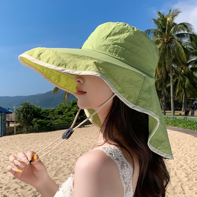 Wide Brim Sun Hat with Neck Flap - Green - One Size - image 0