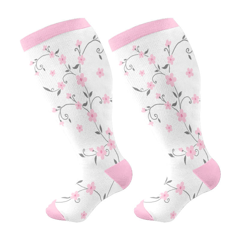 Plus Size Pink Flowers Compression Socks - White - 4XL - image 5