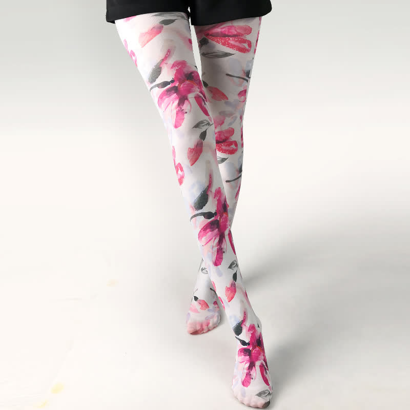 Vintage Butterfly Floral Print White Pantyhose - B - One Szie - image 2