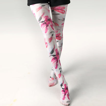 Vintage Butterfly Floral Print White Pantyhose - B - One Szie - image 2
