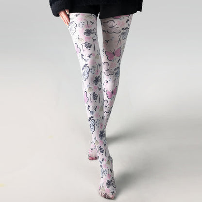 Vintage Butterfly Floral Print White Pantyhose