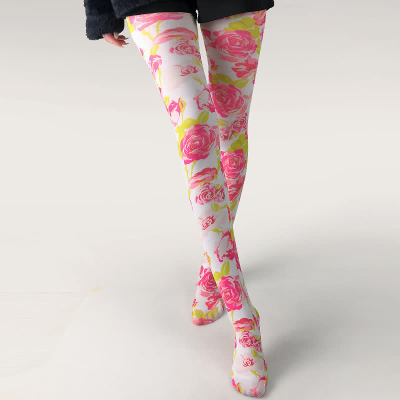 Vintage Butterfly Floral Print White Pantyhose - A - One Szie - image 0