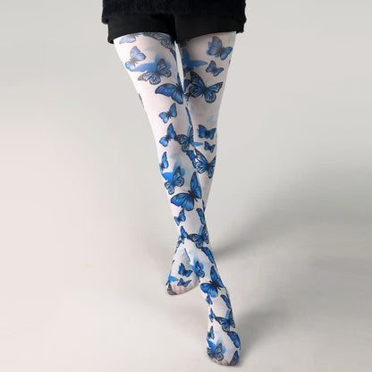 Vintage Butterfly Floral Print White Pantyhose