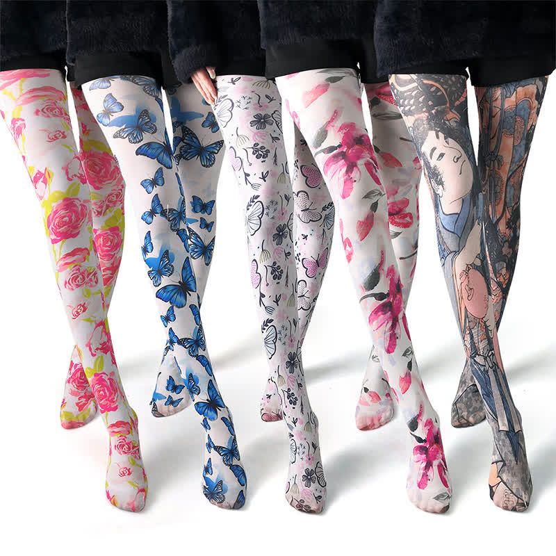 Vintage Butterfly Floral Print White Pantyhose