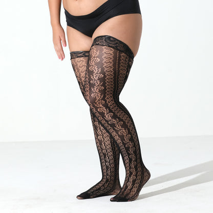 Lace Trim Jacquard Fishnet Thigh High Stockings(2 Pairs)