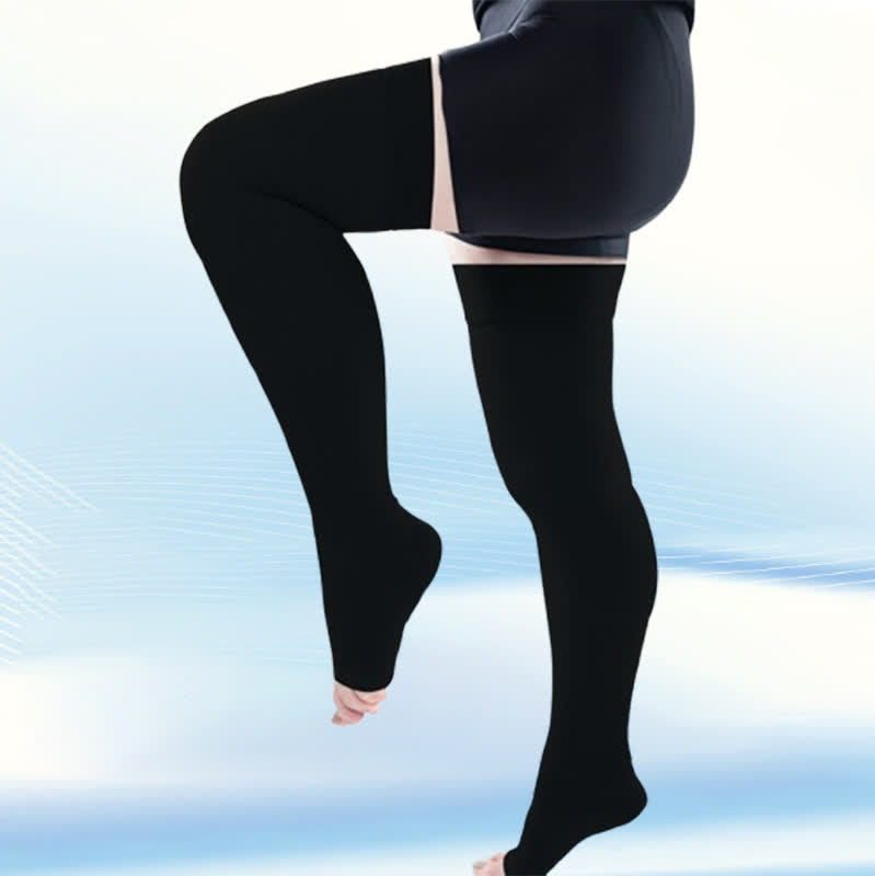 Plus Size Medical Open-toe Thigh High Compression Socks(30-40mmhg) - Black - 5XL - image 0