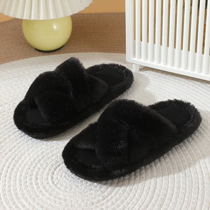 Plus Size Solid Color Fuzzy Cross Band Slippers - Black - EU42-43(US8.5-9) - image 2