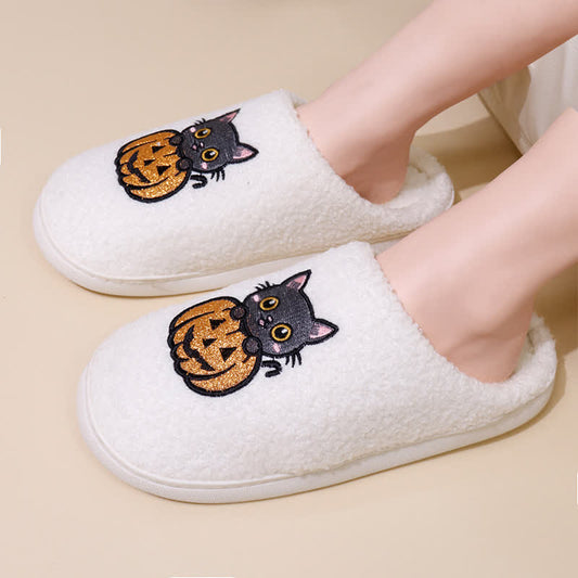 Plus Size Halloween Pumpkin Cat Print Slippers - image 1