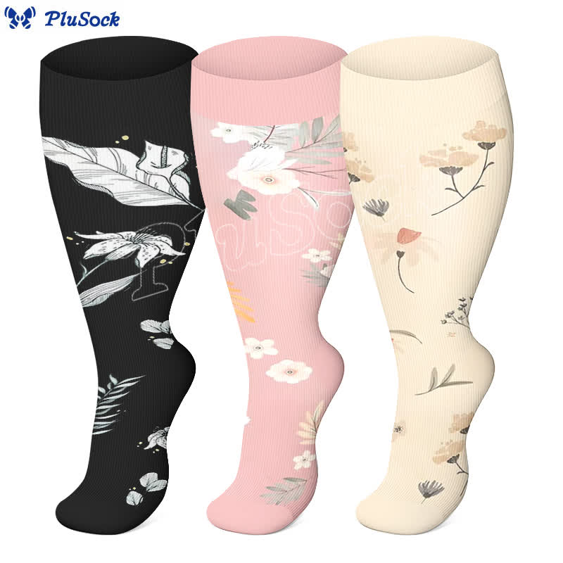 Plus Size Floral Leaf Series Compression Socks(3 Pairs) - image 1