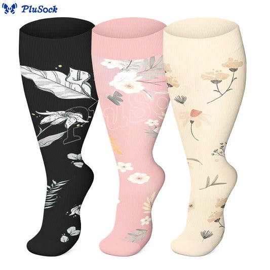 Plus Size Floral Leaf Series Compression Socks(3 Pairs) - image 1