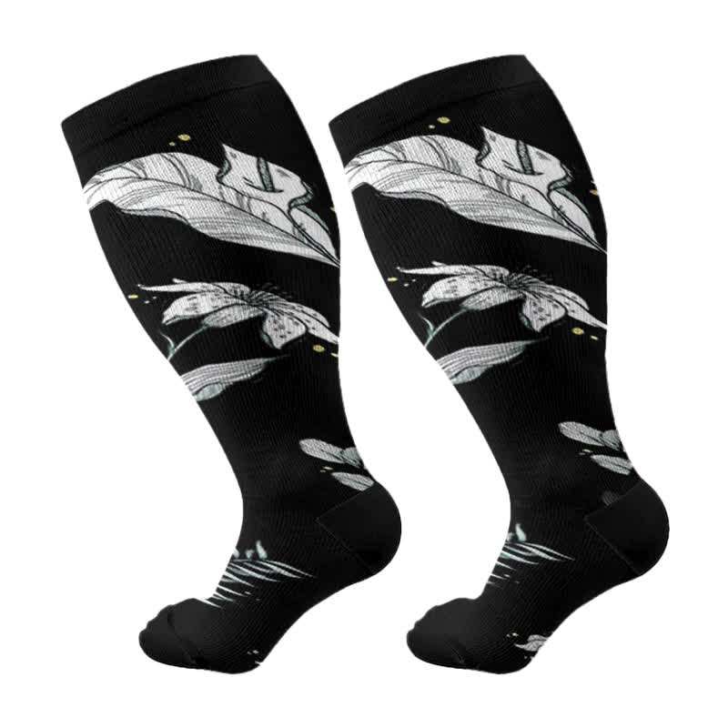 Plus Size Floral Leaf Series Compression Socks(3 Pairs) - Black - 4XL - image 6