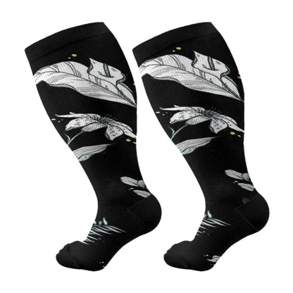 Plus Size Floral Leaf Series Compression Socks(3 Pairs) - Black - 4XL - image 6
