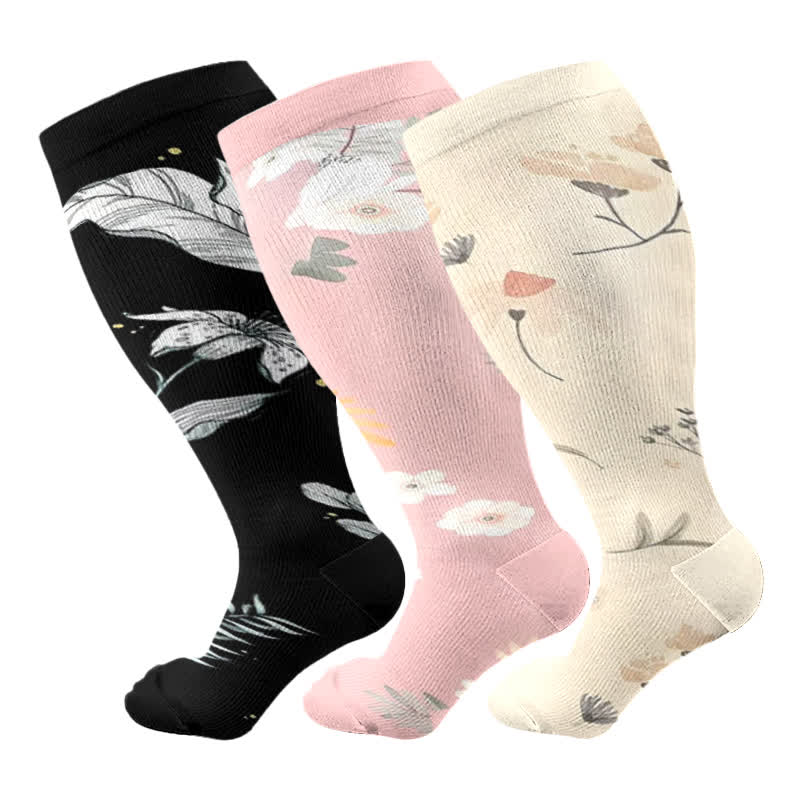 Plus Size Floral Leaf Series Compression Socks(3 Pairs) - Multicolor - 4XL - image 5