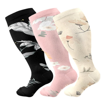 Plus Size Floral Leaf Series Compression Socks(3 Pairs) - Multicolor - 4XL - image 5