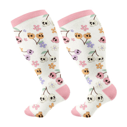 Plus Size Halloween Floral Skull  Series Compression Socks - Pink - 2XL - image 5