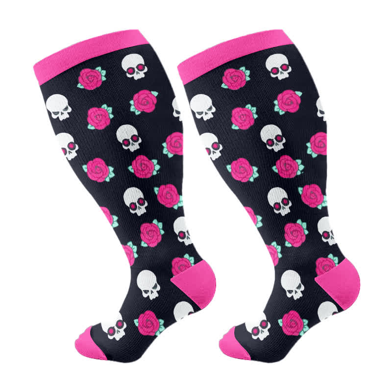 Plus Size Halloween Floral Skull  Series Compression Socks(3 Pairs) - Rose Red(1 Pair) - 2XL - image 11