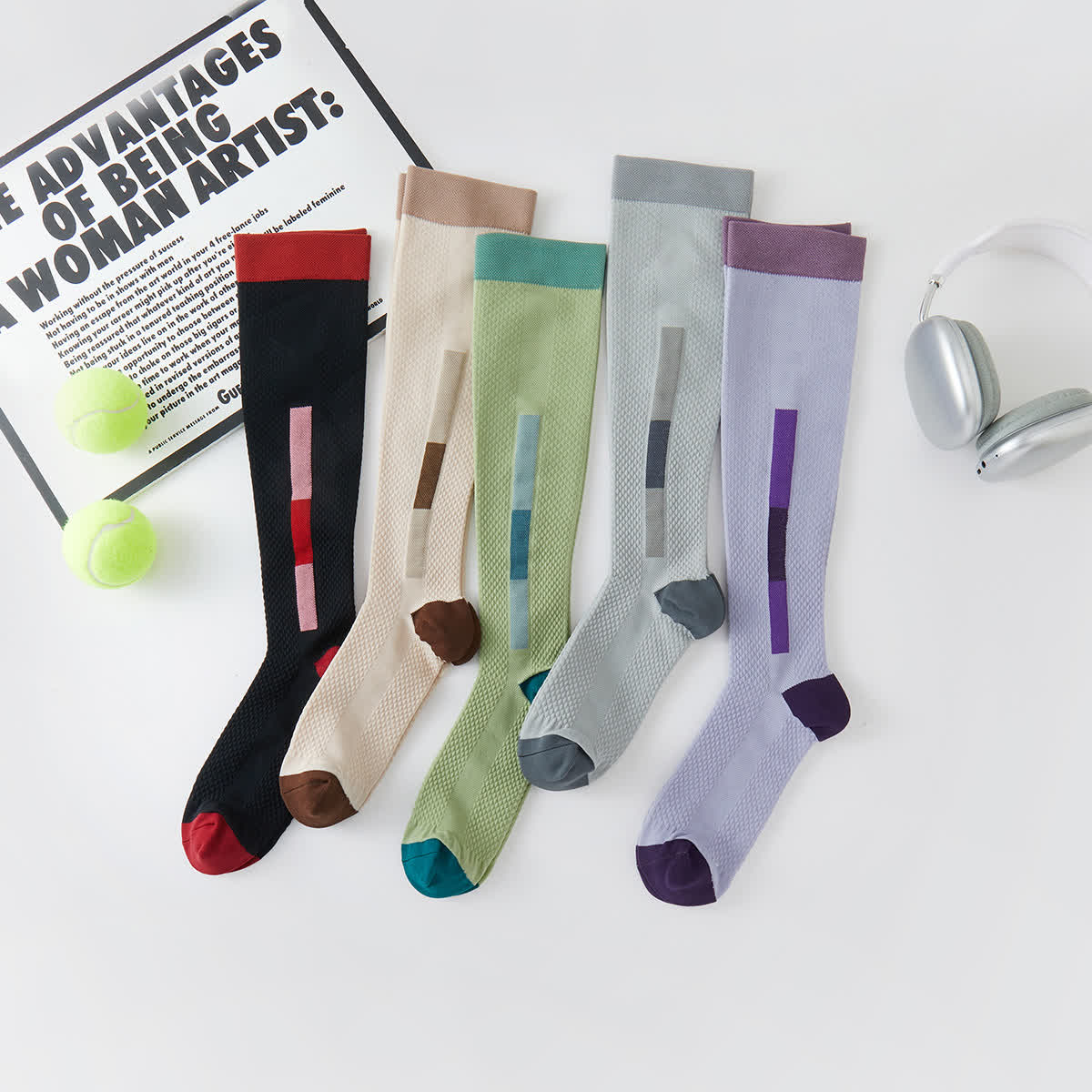Simple Rectangular Colorblock Compression Knee High Socks(5 Pairs) - Multicolor - EU37-42(US4-8.5) - image 1