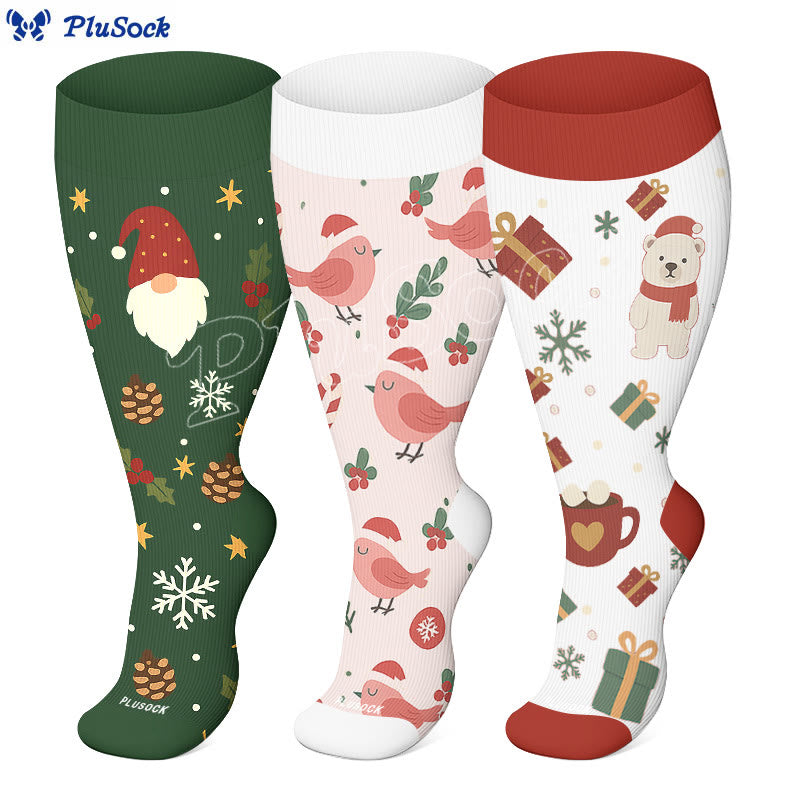 Plus Size Christmas Gnomes Birds Compression Socks - image 0