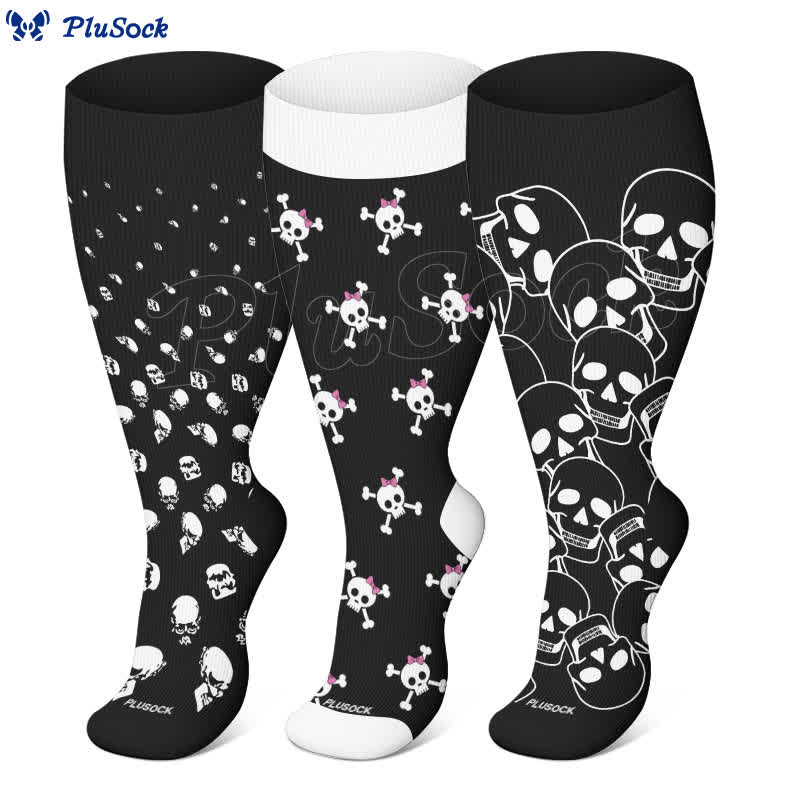 Plus Size Halloween Fun Skull Print Compression Socks(3 Pairs) - image 0