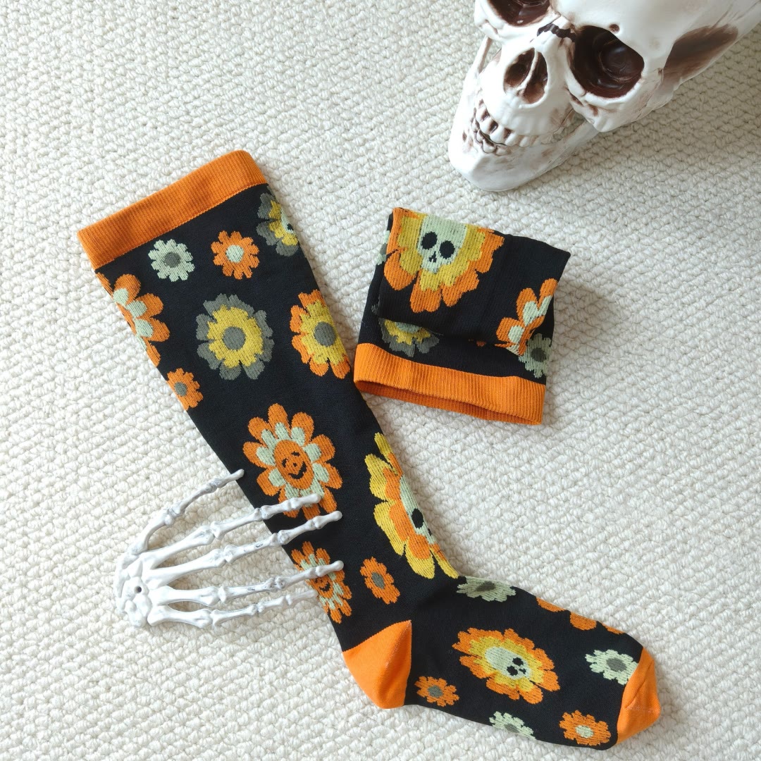 Plus Size Halloween Floral Skull  Series Compression Socks(3 Pairs) - image 3