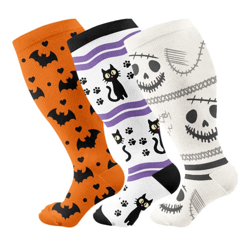 Plus Size Halloween Cute Bat Cat Print Compression Socks(3 Pairs) - Multicolor - 4XL - image 4