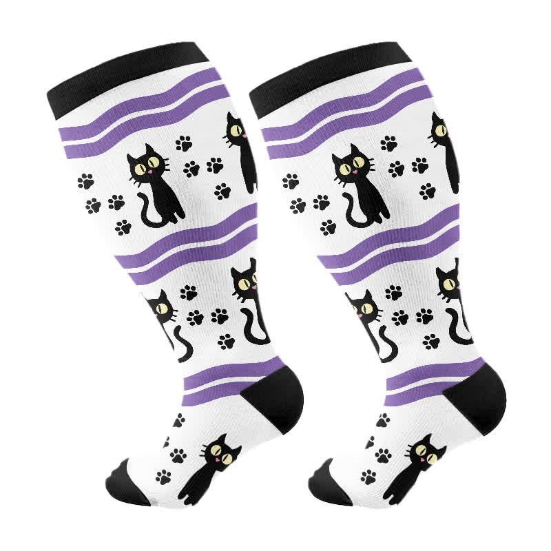 Plus Size Halloween Cute Bat Cat Print Compression Socks - White - 4XL - image 10