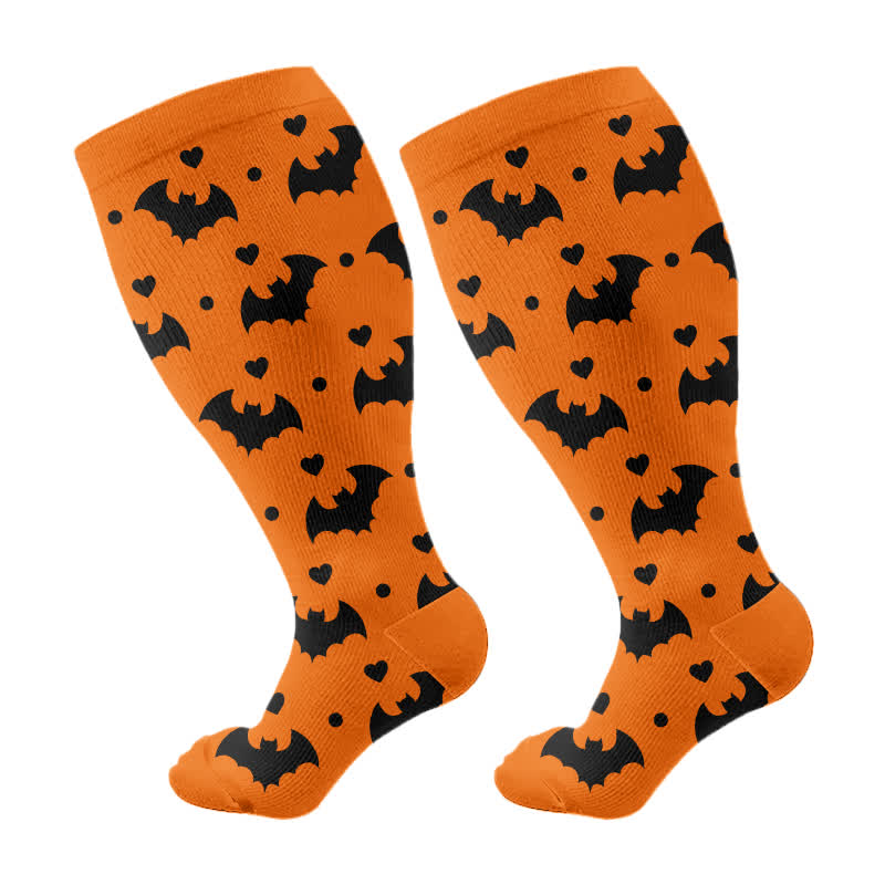 Plus Size Halloween Cute Bat Cat Print Compression Socks - Orange - 4XL - image 5