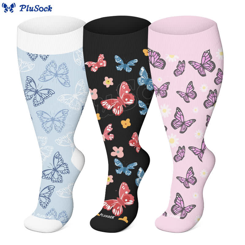 Plus Size Butterfly Flower Series Compression Socks(3 Pairs) - image 0