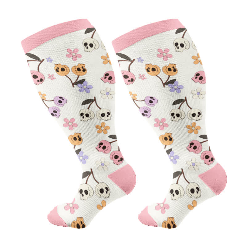 Plus Size Halloween Floral Skull  Series Compression Socks - Pink - 4XL - image 13