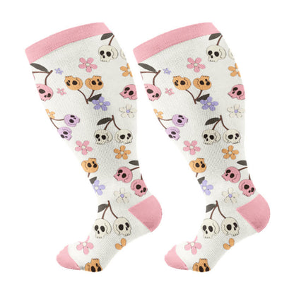 Plus Size Halloween Floral Skull  Series Compression Socks(3 Pairs) - Pink(1 Pair) - 4XL - image 10