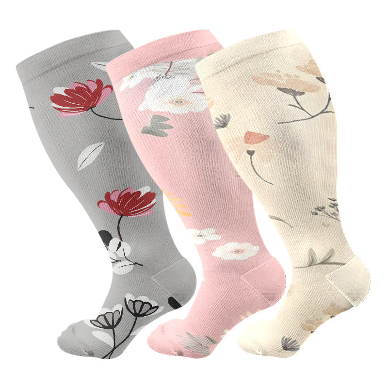 Plus Size Peach Blossom Compression Socks(3 Pairs) - Multicolor - 4XL - image 1