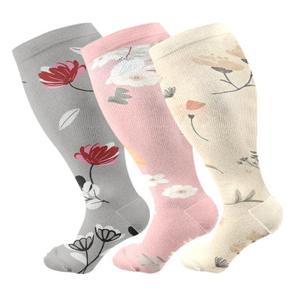 Plus Size Peach Blossom Compression Socks(3 Pairs) - Multicolor - 4XL - image 1