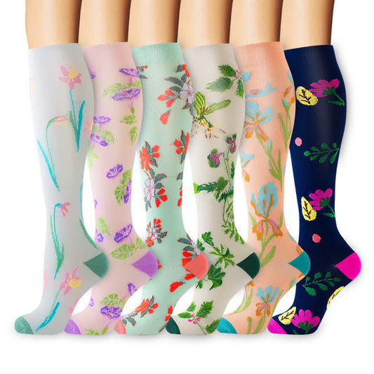 Bright Color Floral Knee High Compression Socks(6 Pairs) - Multicolor - S/M - image 0