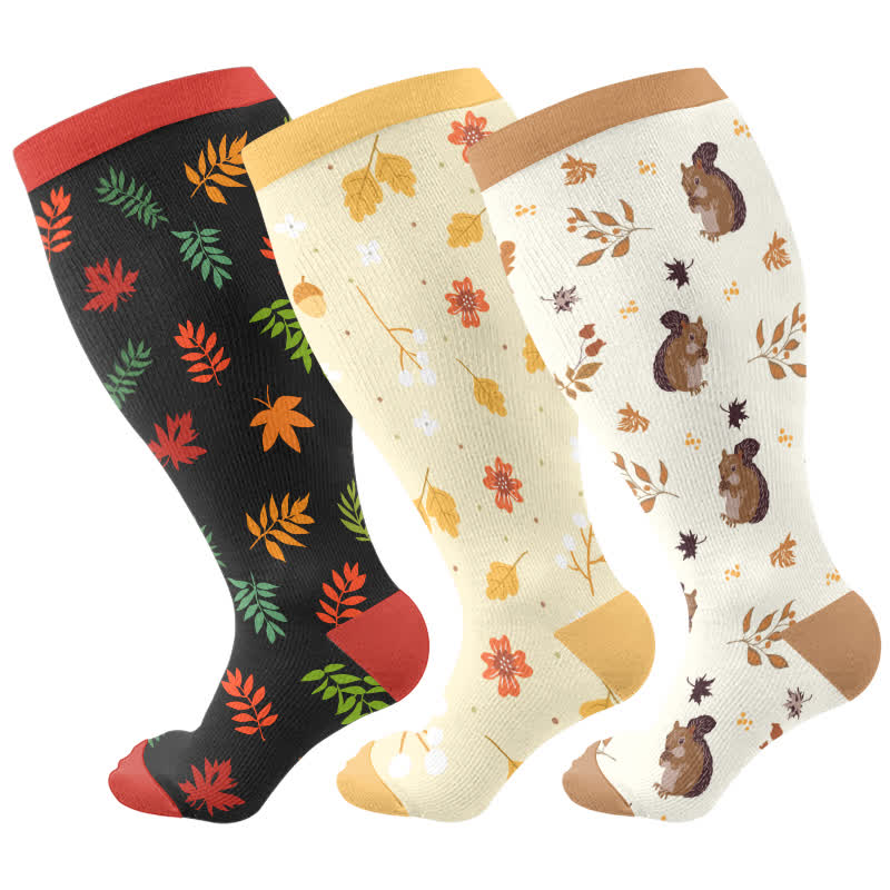 Plus Size Squirrel Leaf Print Compression Socks(3 Pairs) - image 6