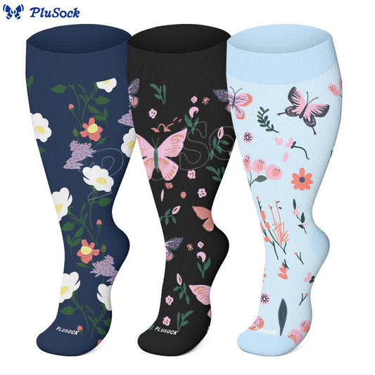 Plus Size Butterfly Flower Print Compression Socks(3 Pairs) - image 0