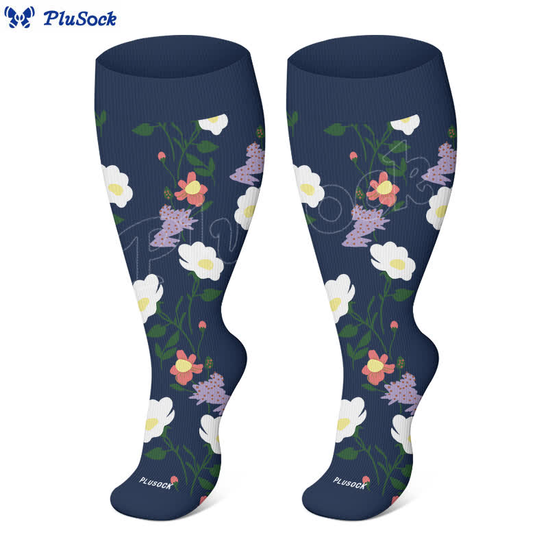 Plus Size Butterfly Flower Print Compression Socks(3 Pairs) - image 1