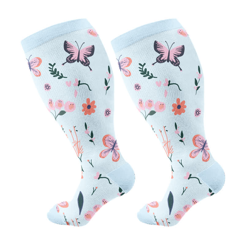 Plus Size Butterfly Flower Print Compression Socks(3 Pairs) - Light Blue(1 Pair) - 4XL - image 7