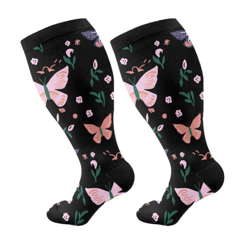 Plus Size Butterfly Flower Print Compression Socks(3 Pairs) - Black(1 Pair) - 4XL - image 6