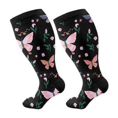 Plus Size Butterfly Flower Print Compression Socks(3 Pairs) - Black(1 Pair) - 4XL - image 6